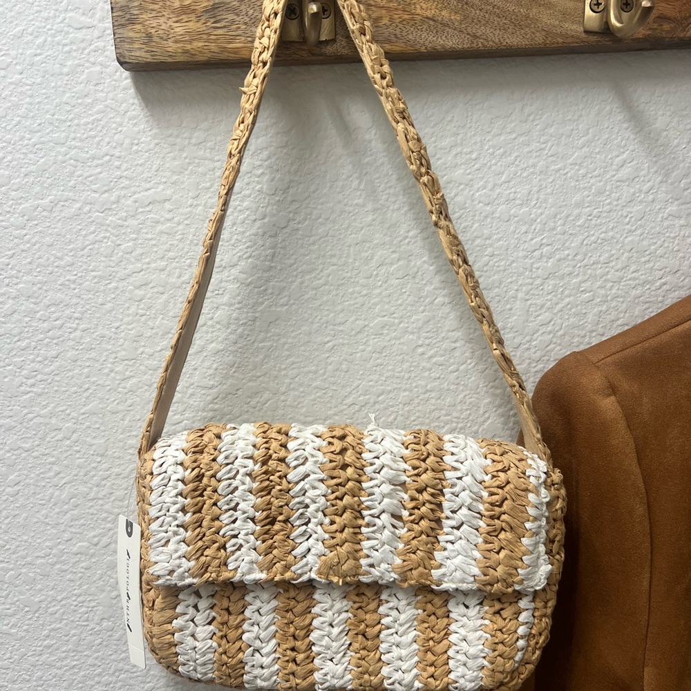Anthropologie Tan and White Woven Shoulder Bag